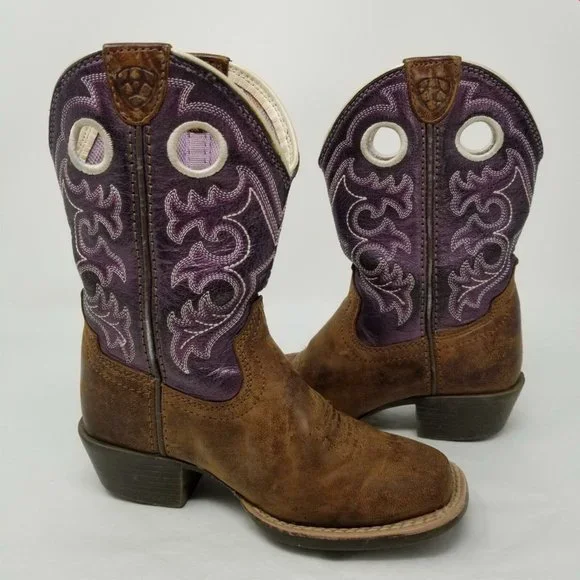Ariat Kid's Brown Purple Leather Square Toe Mid-Calf Western Boots Size US 10 - Picture 6 of 12